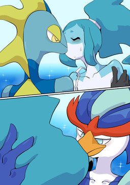 anthro blush clothing eyes_closed feathers female group hair hand_on_hair kissing male male/female smile sniffing trio water eeeshimaenaga san_ruishin brand_new_animal nintendo pokemon studio_trigger nina_flip aquatic cetacean dolphin generation_8_pokemon generation_9_pokemon inteleon mammal pokemon_(species) quaquaval toothed_whale absurd_res comic hi_res