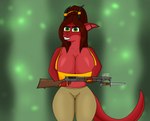 anthro big_breasts bra breasts brown_hair cleavage clothed clothing female gold_(metal) gold_jewelry green_eyes gun hair holding_gun holding_object holding_ranged_weapon holding_weapon huge_breasts jewelry leggings legwear non-mammal_breasts ranged_weapon red_body shotgun solo sports_bra tail thick_thighs trench_gun underwear weapon wide_hips winchester_1897 onyxmeow mythology suirano_(character) dragon mythological_creature mythological_scalie scalie hi_res watermark