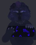 3_fingers anthro arms_bent black_body black_fur black_lips black_nose claws curly_hair eyebrows eyelashes female female_anthro finger_claws fingers fur grey_eyes hair half-closed_eyes handpaw holding_object lips medium_hair mouth_closed narrowed_eyes no_pupils paws purple_claws purple_eyebrows purple_eyelashes purple_hair simple_background solo thick_lips beastofeuthanasia bear mammal 2019 black_and_blue colored digital_media_(artwork) digital_painting_(artwork) english_description half-length_portrait monochrome painting_(artwork) portrait