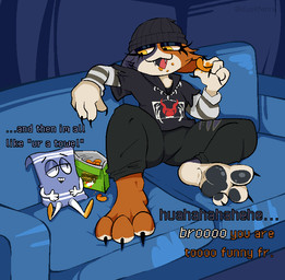 3_toes anthro barefoot beanie cheese_puffs claws clothing crumbs crumbs_on_face dialogue duo eating fangs feet female finger_claws furniture hat headgear headwear male on_sofa pawpads plantigrade plantigrade_pawpads sitting sitting_on_sofa snack sofa teeth text toe_claws toes yellow_eyes duskfenra comedy_central epic_games fortnite south_park meow_skulls towelie animate_inanimate calico_cat domestic_cat felid feline felis mammal 2026 english_text