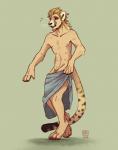 anthro feet fur handpaw hindpaw male markings multi_nipple nipples pawpads paws solo spots spotted_body spotted_fur towel towel_only transformation whiskers lakehounds cheetah felid feline human mammal