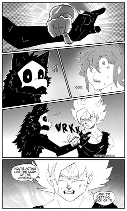 anthro black_body black_fur black_sclera bodily_fluids bone bone_mask dialogue ellipsis emphatic_ellipsis fluffy fluffy_chest frown fur glare grabbing_wrist group interrobang_ellipsis intervention male male/male manga_style mask muscular neck_tuft onomatopoeia questioning_ellipsis skull skull_mask slime sound_effects speech_bubble super_saiyan surprised sweat talking_to_another tears text trio tuft white_eyes white_sclera papertowel00 changed_(video_game) dragon_ball dragon_ball_z goku lin_(changed) puro_(changed) goo_creature human mammal saiyan absurd_res comic english_text hi_res monochrome