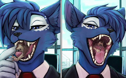 almost_fully_inside anthro black_clothing black_lips black_topwear blue_body blue_eyes blue_fur blue_hair bodily_fluids brown_body brown_fur clothed clothing detailed_mouth duo fangs female female_prey fur glistening glistening_eyes hair in_mouth inside lips looking_at_viewer lying male male_pred micro mouth_shot necktie on_front on_tongue open_mouth oral_vore partially_inside red_necktie saliva saliva_on_arms saliva_on_tongue saliva_string scared short_hair teeth tongue topwear unsigned vore white_clothing white_topwear acidic milo_(aliclan) domestic_cat felid feline felis hybrid mammal rodent digital_media_(artwork)