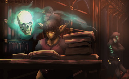 anthro bone book disembodied_head female glowing glowing_eyes green_body green_eyes green_skin group hair hair_bun leaning leaning_on_wall magic magic_user male male/female pointy_ears reading reading_book short_stack skeleton skull standing trio yellow_eyes howdypeepos dungeons_and_dragons hasbro wizards_of_the_coast bones_(seventhprime) nezzah_(the7thprimarch) avian goblin humanoid kenku lich undead absurd_res hi_res