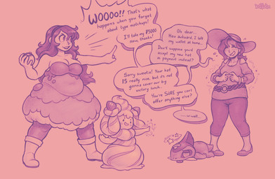 ambiguous_gender anthro battle belt breasts clothing dialogue dress ear_piercing ear_ring fainted female feral group hat headgear headwear nervous piercing pokeball ring_piercing spiral spiral_eyes text keffotin nintendo pokemon alcremie generation_8_pokemon human mammal pokemon_(species) 2021 english_text hi_res
