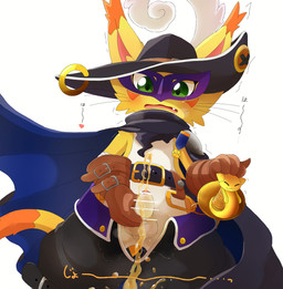 anthro balls belt blush bodily_fluids boots cape censored_genitalia censored_penis clothing footwear fur genital_fluids genitals gloves green_eyes handwear hat headgear headwear ineffective_censorship male mask melee_weapon peeing penis rapier shoes solo sword urine weapon yellow_body yellow_fur szk_0156 bandai_namco digimon digimon_(species) felid feline mammal nyabootmon absurd_res censored hi_res