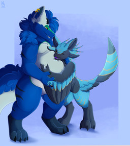 3_fingers 3_toes 4_ears 4_fingers 4_toes anthro back_markings belly big_belly black_body black_claws black_feathers black_markings blue_body blue_feathers blue_fur blue_hair claws duo ear_markings ear_piercing ear_ring facial_markings feather_markings feathered_tail feathered_wings feathers feet female fingers forehead_markings fur fur_hair fur_markings gold_(metal) gold_ear_piercing gold_ear_ring green_markings green_pawpads hair head_markings holding_another holding_belly hug hugging_another hugging_belly larger_male leg_markings looking_at_another looking_at_belly male markings multi_ear overweight overweight_anthro overweight_male pawpads piercing purple_pawpads ring_piercing simple_background size_difference slightly_chubby slightly_chubby_anthro slightly_chubby_male tail tail_markings thick_thighs thigh_markings toes white_belly white_body white_fur wing_markings winged_arms wings yellow_eyes yellow_markings kazumiaure burzzy eili_(k'braid) avali furred_kobold furred_scalie kobold scalie absurd_res digital_media_(artwork) hi_res