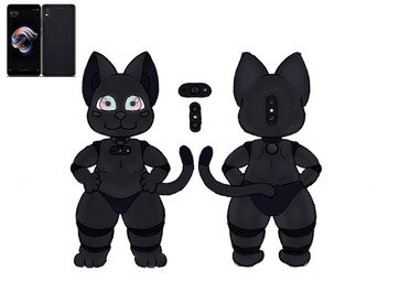 ambiguous_gender anthro black_body black_ears black_nose black_tail black_toes camera cellphone electronics front_view hand_on_hip hands_on_hips machine multicolored_body on_ground phone rear_view simple_background solo standing tail two_tone_body two_tone_tail white_background nekoni xiaomi domestic_cat felid feline felis hybrid mammal robot 2022 digital_media_(artwork) hi_res
