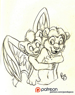 anthro duo feathered_wings feathers hug hugging_another hugging_from_behind logo male navel nude open_mouth open_smile patreon_logo smile text wings young young_anthro young_male pandapaco patreon felid lion mammal pantherine artist_logo signature spot_color url