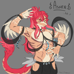 anthro arm_tattoo belly_tattoo biped black_bottomwear black_clothing black_pants bottomwear chest_tattoo clothed clothed_anthro clothed_male clothing concentration crossgender elbow_feathers eyes_closed feathered_tail feathers fingers front_view ftm_crossgender grey_background hair humanoid_hands long_hair long_tail male muscular muscular_anthro muscular_male pants red_body red_feathers red_hair simple_background skimpy solo tail tan_body tan_feathers tattoo text may_kiramel cavemanon_studios volcaldera_ashfall ashley_(volcaldera_ashfall) dinosaur dromaeosaurid prehistoric_species reptile saurischian scalie theropod 1:1 2026 absurd_res artist_name character_name colored colored_sketch half-length_portrait hi_res portrait sketch