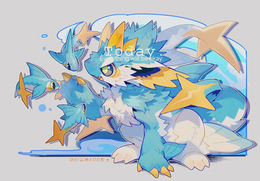 2_tails 4_toes ambiguous_gender black_eyes blue_body blue_ears blue_eyes blue_fur blue_scales blue_tail claws countershade_face countershade_scales countershade_tail countershade_torso countershading dipstick_tail dorsal_fin eyebrows fangs feet feral fin flesh_fang fur furrowed_brow green_pupils green_sclera grey_background group head_horn horn kemono markings multi_tail open_mouth pupils reaching_out scales simple_background sitting tail tail_markings teeth text toes tongue tongue_showing white_body white_eyebrows white_fur white_scales white_sclera yellow_body yellow_claws yellow_ears yellow_horn yellow_scales yellow_tail yellow_tongue dg_jia fish mammal marine unknown_species 2023 dated digital_drawing_(artwork) digital_media_(artwork) english_text full-length_portrait hi_res portrait