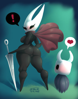 2_horns ambiguous_gender anthro biped black_body blush breasts butt clothed clothing duo eyelashes featureless_breasts female female/ambiguous genitals heart_symbol holding_butt holding_object holding_weapon horn hornet's_needle larger_female looking_back monotone_body mouthless no_pupils red_clothing size_difference smaller_ambiguous thick_thighs vulva weapon white_head jo-vee-al hollow_knight_(franchise) team_cherry hornet_(hollow_knight) the_knight_(hollow_knight) arthropod vessel_(species) 2025 absurd_res hi_res signature half_sister_(lore) nonbinary_(lore) sibling_(lore) sister_(lore)