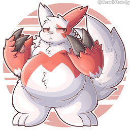 3_toes :< abstract_background anthro belly belly_tuft big_belly big_eyes big_hands casual_nudity chest_tuft claws closed_frown digitigrade featureless_chest featureless_crotch feet finger_claws fluffy fluffy_tail front_view frown fur half-closed_eyes kemono looking_at_viewer male moobs mouth_closed multicolored_body multicolored_fur narrowed_eyes nude overweight overweight_anthro overweight_male paws pink_nose pink_sclera raised_tail red_body red_fur semi-anthro snout solo standing tail text thick_thighs toes tuft two_tone_body two_tone_fur unimpressed white_body white_fur wide_hips aceekdarzty conditional_dnp nintendo pokemon generation_3_pokemon mammal pokemon_(species) zangoose 1:1 2026 artist_name cel_shading digital_media_(artwork) full-length_portrait hi_res portrait shaded