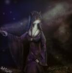 anthro biped brown_body brown_fur clothed clothing dark dress female fur hair jewelry light long_hair necklace purple_hair religion sitting solo white_body white_fur hierro_(artist) paganism wicca domestic_cat felid feline felis mammal 2016 digital_media_(artwork) hi_res