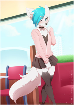 5_fingers anthro biped black_clothing black_legwear black_topwear blue_eyes blue_hair blush bottomwear chair clothed clothing collarbone embarrassed eyelashes female fingers flat_chested fully_clothed fur furniture hair hoodie inside jacket legwear one_eye_closed pink_clothing pink_topwear shy skirt solo standing stockings topwear white_body white_fur zipper re-sublimity-kun tourmi canid canine mammal 2016 digital_media_(artwork) male_(lore)