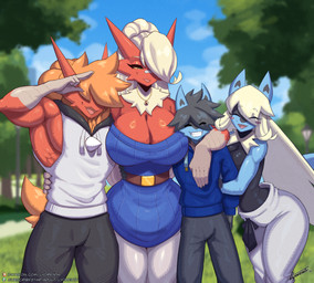 anthro big_breasts blonde_hair breasts cleavage clothed clothed_anthro clothed_female clothed_male clothing female group hair larger_female male muscular size_difference lyorenth-the-dragon nintendo pokemon hanako_(lyorenth-the-dragon) iroh_(irohcards) blaziken generation_3_pokemon generation_4_pokemon lucario pokemon_(species) hi_res