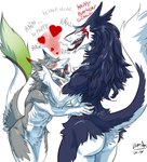 anthro black_body black_fur blush butt duo female fur green_tuft heart_symbol male markings nude red_markings simple_background tail tail_tuft tan_body tan_fur text tuft white_background white_body white_fur jakkai-reborn rain_silves sergal english_text