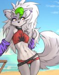 anthro beach belt bottomwear bra breasts clothing collar devil_horns_(gesture) ear_piercing ear_ring female fur gesture hair hand_gesture long_hair navel outside panties piercing ring_piercing sea seaside sky solo spiked_collar spikes standing swimwear topwear underwear water white_body white_fur white_hair tinygaypirate five_nights_at_freddy's five_nights_at_freddy's:_security_breach scottgames steel_wool_studios roxanne_wolf canid canine canis mammal wolf 2022 absurd_res digital_media_(artwork) hi_res portrait three-quarter_portrait