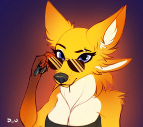 4_ears anthro barbell_piercing black_lips black_nose black_pawpads blue_eyes breasts clothed clothed_female clothing eyebrow_piercing eyewear facial_piercing female fur gloves_(marking) glowing glowing_body glowing_fur lips markings multi_ear pawpads piercing solo sunglasses whisker_spots yellow_body yellow_fur discreet_user mylar_(discreet_user) canid canine fox fyre_fox mammal 2021
