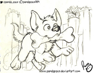 ambiguous_gender bone_in_mouth chest_tuft fangs feral head_tuft logo running solo tail teeth text tuft pandapaco canid canine mammal 2016 artist_logo monochrome signature sketch url