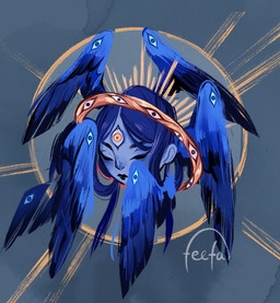 3_eyes 6_wings blue_body blue_hair blue_skin blue_wings disembodied_head feathered_wings feathers female hair halo lips multi_eye multi_wing not_furry solo unusual_anatomy unusual_eye_placement wings feefal angel angel_humanoid biblically_accurate_angel humanoid ophan seraph_(angel) blue_theme hi_res