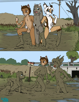 animal_genitalia anthro balls blue_eyes brown_eyes chest_tuft collarbone dirty eyebrows eyes_closed feet fur genitals group hair horn male mud mud_covered muddy nude one_leg_up open_mouth outside penis raised_leg sheath tail trio tuft goatsludge cyrus_mackenzie antelope bovid caprine domestic_cat felid feline felis goat mammal 2026 absurd_res comic hi_res