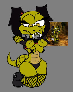 anthro black_clothing black_footwear black_hair black_shoes black_thong black_topwear black_underwear bracelet breasts brown_body brown_eyes brown_scales clothed clothing eyelashes fangs female fishnet_clothing fishnet_legwear flashing flashing_breasts footwear front_view green_body green_scales grey_background hair jewelry kneeling legwear navel pasties pear-shaped_figure pigtails raised_clothing raised_topwear scales shoes simple_background solo spiked_bracelet spikes teeth thong topwear underwear wide_hips dibujobienraro scalie character_request