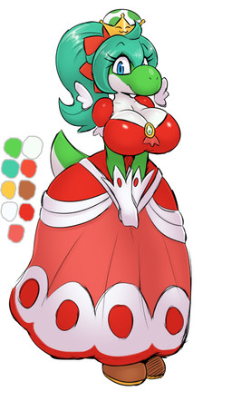 anthro anthrofied big_breasts blue_eyes breasts cleavage clothed clothing crown dress female front_view gloves green_body green_scales hair hands_together handwear headgear looking_at_viewer non-mammal_breasts ponytail red_clothing red_dress scales solo super_crown teal_hair white_body white_clothing white_dress white_gloves white_handwear white_scales wide_hips miso_souperstar mario_bros nintendo scalie yoshi 2026 absurd_res digital_media_(artwork) hi_res meme model_sheet