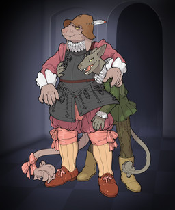 anthro armor belt belt_buckle boots bow_ribbon brown_nose buckle claws clothing detailed_background duo fangs feather_hat finger_claws floppy footwear holding_another horn looking_down male open_mouth pink_nose ruff_(clothing) shoes standing tail teeth tongue whisker_spots yellow_eyes xenopera canid mammal unknown_species 5:6 digital_media_(artwork) hi_res