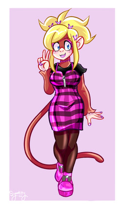 anthro big_breasts biped blonde_hair blue_eyes blush blush_lines border breasts brown_body brown_fur clothed clothing dress eyebrows female footwear front_view fur gesture hair hand_gesture high_heels looking_at_viewer open_mouth open_smile pink_clothing pink_footwear pink_high_heels shoes simple_background smile solo teeth tongue v_sign white_border syaokitty haplorhine mammal monkey primate 2026 hi_res