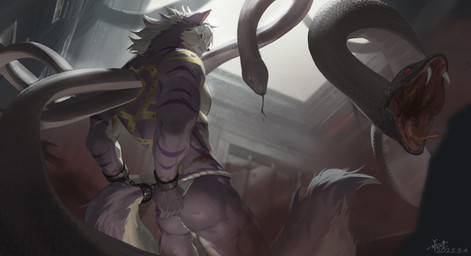 anthro biped bottomwear bound butt clothing fur hands_tied inside male male_anthro muscular muscular_anthro muscular_male open_mouth purple_body purple_fur purple_tail red_eyes red_tongue sharp_teeth solo standing striped_arms tail teeth tongue white_body white_bottomwear white_clothing white_fur white_tail yellow_eyes awaldkize canid canine mammal reptile scalie snake 2025 absurd_res dated hi_res