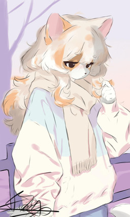 anthro clothing female hair jacket plant scarf solo topwear tree baixofufu calico_cat domestic_cat felid feline felis mammal 3:5 absurd_res hi_res