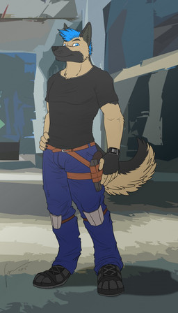 anthro black_body black_clothing black_footwear black_fur black_nose black_shirt black_shoes black_t-shirt black_topwear blue_bottomwear blue_clothing blue_eyes blue_hair blue_pants bottomwear clothed clothing footwear front_view fur glistening glistening_eyes hair hand_on_hip looking_at_viewer male male_anthro mouth_closed pants shirt shoes short_hair solo standing t-shirt tan_body tan_fur topwear hufnaar canid canine canis domestic_dog german_shepherd herding_dog mammal pastoral_dog 2015 dated full-length_portrait hi_res portrait signature