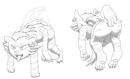 anal anal_fingering anal_penetration anthro backsack balls butt_slap claws disembodied_hand ear_piercing fingering genitals hair male open_mouth pawpads paws penetration penis piercing ponytail sharp_teeth slap small_penis solo spanking teeth tongue tongue_out young young_anthro young_male anonymous_artist xxl_woofia hakui_(xxl_woofia) felid mammal pantherine tiger hi_res monochrome shaded adult_(lore)