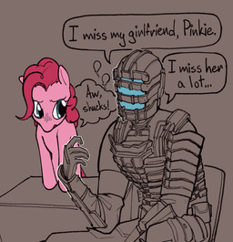 armor duo female feral looking_at_another male speech_bubble text zytkal dead_space electronic_arts friendship_is_magic hasbro i_miss_my_wife_tails my_little_pony snapcube visceral_games isaac_clarke pinkie_pie_(mlp) equid equine horse human mammal pony english_text hi_res