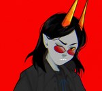 black_clothing black_hair black_topwear clothed clothing eyewear female glasses grey_body grey_skin hair horn humanoid_pointy_ears looking_at_viewer mouth_closed one_eye_closed pointy_ears red_background round_glasses sharp_teeth simple_background solo teeth topwear yellow_eyes sonyan homestuck ms_paint_adventures alien humanoid troll_(homestuck) bust_portrait hi_res portrait