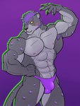 abs anthro armpit_hair body_hair bulge detailed_bulge fur grey_body grey_fur hair male muscular muscular_anthro muscular_male purple_background purple_hair simple_background solo yellow_eyes leo_arts ja'aran_(sona) felid mammal pantherine snow_leopard absurd_res hi_res