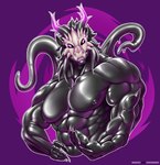 anthro back_tentacles big_muscles black_body black_latex black_nipples claws finger_claws hand_to_viewer horn huge_muscles latex latex_tentacles looking_at_viewer male mask muscular muscular_male nipples purple_background simple_background skull_mask solo tentacles baogacc latex_creature living_latex half-length_portrait hi_res portrait