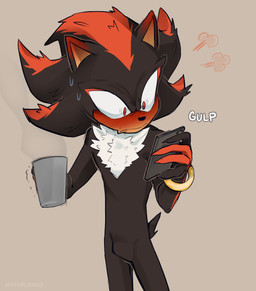 anthro black_body black_fur blush blushing_profusely cellphone claws electronics finger_claws fluffy fluffy_chest flustered fur male markings naturally_unclothed phone red_body red_fur small_eyes smartphone solo steam swallowing_sound_effect wide_eyed mythiilewdii sega sonic_the_hedgehog_(series) shadow_the_hedgehog eulipotyphlan hedgehog mammal absurd_res hi_res