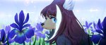 2019 anthro artist_name aruurara black_clothing black_nose black_topwear blue_eyes bokeh brown_ears brown_hair bust_portrait canid canine clothing day depth_of_field detailed_background eye_through_hair eyebrow_through_hair eyebrows female field flower fog fur hair head_turned hi_res highlights_(coloring) inner_ear_fluff iris_(flower) kemono lens_flare long_hair looking_at_viewer looking_back mammal open_mouth outside plant portrait sakura_(aruurara) side_view solo tan_body tan_fur topwear translucent translucent_hair tuft white_highlights white_inner_ear