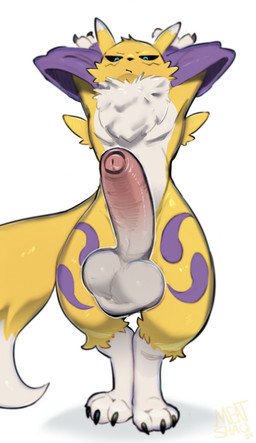 anthro balls big_balls big_penis black_sclera blue_eyes erection foreskin fur genitals huge_penis humanoid_genitalia humanoid_penis hyper hyper_genitalia hyper_penis male nude penis scrotum_flap simple_background solo tail white_body white_fur yellow_body yellow_fur meatshaq bandai_namco digimon canid canine digimon_(species) mammal renamon absurd_res hi_res