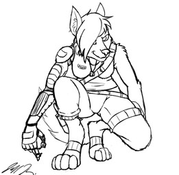 anthro belt crouching cybernetics dog_tags explosives female grenade hair holster knife looking_at_viewer machine name_tag prosthetic prosthetic_arm prosthetic_limb short_hair simple_background smile solo weapon jeffthehusky rayn_silus canid canine canis cyborg domestic_dog german_shepherd herding_dog mammal pastoral_dog monochrome sketch