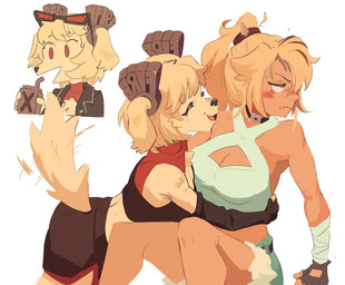 accessory alternate_species anthro arm_wraps armwear beverage big_breasts blonde_hair blush bodily_fluids bottomwear breasts chest_tuft cleavage cleavage_cutout clothed clothing collar container crop_top cup cutout duo elbow_gloves embarrassed exposed_shoulder eyewear eyewear_on_head facial_markings female female/female fingerless_gloves fur furrification gloves hair hair_accessory handwear head_markings hug jacket leather leather_clothing leather_jacket leather_topwear looking_away markings midriff no_sclera open_mouth ponytail red_hair shirt shorts simple_background smile squiggle_mouth sunglasses sunglasses_on_head sweat tail tail_motion tailwag tan_body tan_skin topwear tuft wraps yellow_body yellow_fur mangedugruau mihoyo zenless_zone_zero burnice_white pulchra_fellini bird_dog canid canine canis domestic_dog golden_retriever human hunting_dog mammal retriever thiren 2025 digital_media_(artwork) hi_res