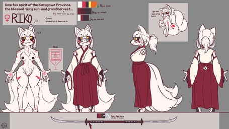 anthro asian_clothing breasts clothing east_asian_clothing eyewear female feral fur fur_markings genitals glasses japanese_clothing kimono markings melee_weapon multi_tail nipples solo sword tail text vulva weapon white_body white_fur botanics riko_(botanics) canid canine fox mammal 16:9 english_text hi_res model_sheet widescreen