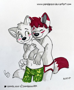 anthro black_nose blue_eyes bottomwear closed_smile clothed clothing dipstick_ears duo ear_markings eyes_closed fur green_bottomwear green_clothing green_eyes green_pants grey_body grey_fur hair head_tuft heterochromia hug hugging_another hugging_from_behind logo male male_anthro mouth_closed multicolored_ears pants red_hair simple_background smile text topless tuft underwear white_background white_body white_bottomwear white_clothing white_fur white_underwear young young_anthro young_male pandapaco cyberblade_(character) canid canine mammal 2017 artist_logo dated signature url