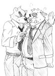 anthro belt blush bottomwear bulge clothing duo humanoid_hands kemono male male/male necktie pants shirt slightly_chubby tenting tongue tongue_out topwear ryuta-h bear mammal suid suine sus_(pig) wild_boar 2011 monochrome