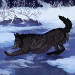 ambiguous_gender black_body black_fur feral fur green_eyes grey_body grey_fur mouth_closed outside side_view snow solo text msdeadsoul canid canine mammal 1:1 2021 artist_name dated english_text hi_res