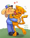 anthro blush blush_lines bodily_fluids clothing duo eyes_closed fangs footwear fur grass heart_symbol hug licking male male/male one_eye_closed plant police police_badge police_hat police_uniform shoes simple_background standing striped_body striped_fur stripes sweat sweatdrop tail teeth tongue tongue_out uniform whiskers mofu_guys dog_man_(series) dog_man_(character) petey_the_cat canid canine canis domestic_cat domestic_dog felid feline felis mammal hi_res