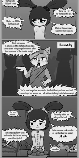 3_toes 4_fingers annoyed anthro areola armband auction auctioneer blush bodily_fluids body_blush border bound box breasts brick_wall chain chain_collar chain_leash chained claws clothed clothed_female clothed_male clothing collar collar_only complaining container crying cuff_(restraint) dark_humor defeated degradation determination determined duo ellipsis entitled exclamation_point facial_tuft feet female female_anthro fingers flat_chested food forced forced_exposure freckled_face freckled_shoulders freckles frown fruit genitals glistening glistening_genitalia glistening_vulva gloves_(marking) grey_border hair hands_behind_back hopeless hopelessness larger_male leash male male_dominating_female market_stall markings melon metal_cuffs navel neck_tuft nervous nervous_sweat nipples no_irises nude nude_anthro nude_female objectification ownership pear-shaped_figure peril plant prejudice price restraints riding_crop sale selling shaking short_hair silhouette size_difference slave slave_auction smaller_anthro smaller_female speciesism speech_bubble stressed submissive submissive_female suicidal suicidal_ideation sweat tears text thought_bubble thoughts toe_claws toes toga trembling tuft vulva vulva_blush wall_(structure) watermelon welling_tears whip wide_hips wristband yelling yelling_at_another young young_anthro young_female e254e connie_(e254e) canid canine fox lagomorph leporid mammal rabbit 2025 absurd_res english_description english_text greyscale hi_res monochrome