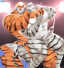 abs anal anal_penetration anthro anthro_on_anthro anthro_penetrated anthro_penetrating anthro_penetrating_anthro arena balls biceps big_muscles blush bodily_fluids bottomwear chain-link_fence chokehold claws clothed clothing cum cum_from_ass cum_in_ass cum_inside cum_while_penetrated cumshot duo ejaculation erection eye_scar eyes_closed facial_scar fence fighting_ring finger_claws forearm_muscles fur genital_fluids genitals glans green_text hair headlock humanoid_genitalia humanoid_penis male male/male male_penetrated male_penetrating male_penetrating_male markings muscular muscular_male navel nipples nude obliques orange_body orange_fur pants pecs penetration penile penile_penetration penis penis_between_thighs penis_in_ass quads scar sex shorts striped_body striped_fur striped_markings striped_tail stripes tail tail_markings text topless vein veiny_penis white_body white_fur white_hair sir_z045 felid mammal pantherine tiger 2023 absurd_res hi_res